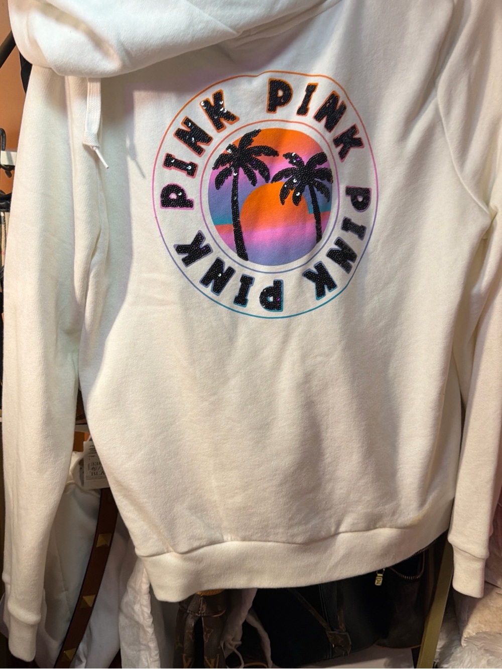 PINK Victoria's Secret White Hoodie with Sunset Palm Logo